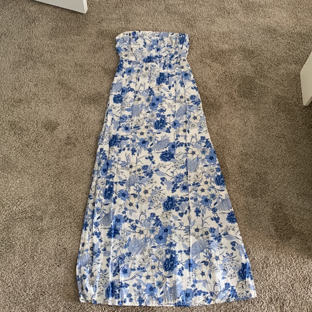 Strapless Blue Floral Maxi Dress - Size S
